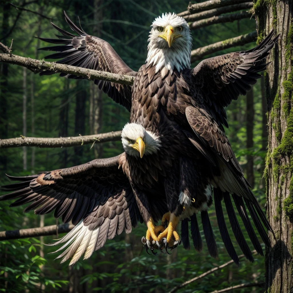 Beautiful bald eagle tattoo with fireflies in an enchanted forest location
