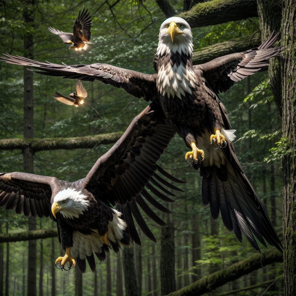Beautiful bald eagle tattoo with fireflies in an enchanted forest location
