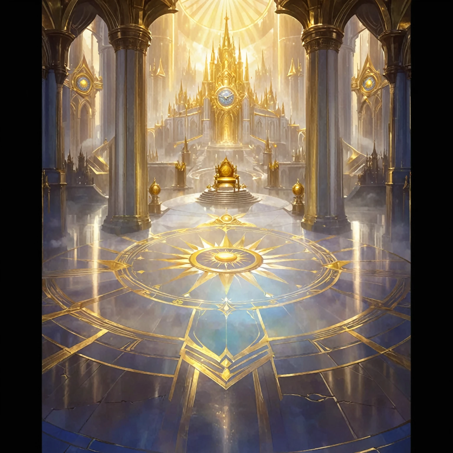 There is a photo of a large building,There is a big clock on it, Cathedral Background, Kingdom of Light Background, Stunning mysterious background, symmetry!! Concept Art, interior background technology, Concept Art magical highlight, The Golden Throne Room, Gorgeous border + Concept Art, symmetric Concept Art, World of Warcraft art style, decadent The Golden Throne Room, cathedral of the sun, background technology