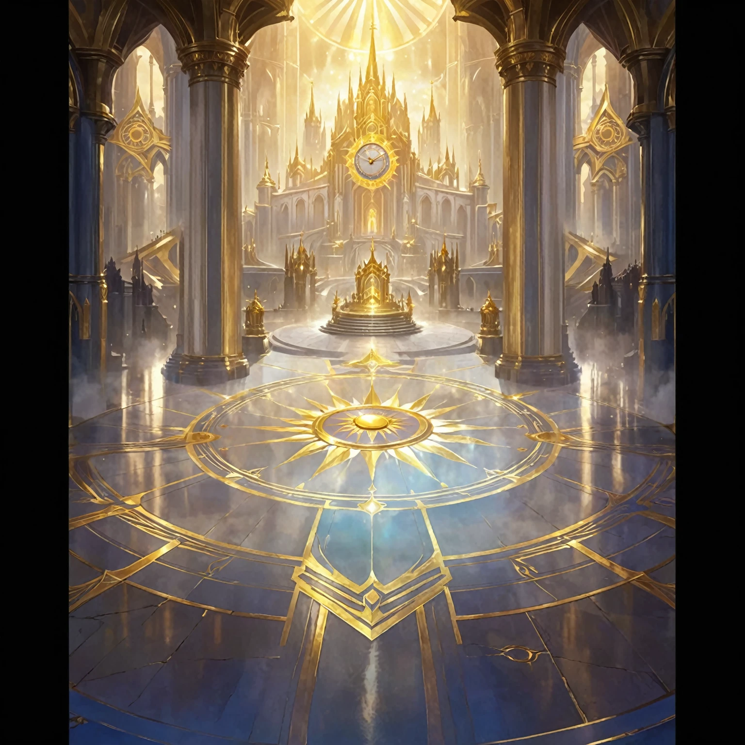 There is a photo of a large building,There is a big clock on it, Cathedral Background, Kingdom of Light Background, Stunning mysterious background, symmetry!! Concept Art, interior background technology, Concept Art magical highlight, The Golden Throne Room, Gorgeous border + Concept Art, symmetric Concept Art, World of Warcraft art style, decadent The Golden Throne Room, cathedral of the sun, background technology