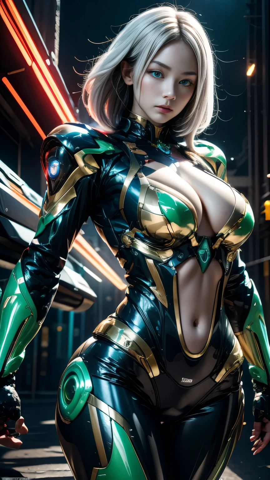 (very detailed:1.5), (8K), Sci-fi futuristic mechanical girl with flashing neon lights., style (Cyberpunk Personality:1.3), Wear an elegant combat uniform,vivid details, sexy pose, (Bold typography:1.2), dynamic composition, bright colors, (アキラstyle:1.1), (Inspired by Hajime Sorayama:1.2), Full body Esbian,blue,red、green,neon details, fight position, Mechanical Bodysuit, Futuristic and detailed BMW bikes,, Girl born in junior high school, (((huge breasts:1.2)))、short hair,perfect limbs, perfect anatomy,white hair ,blue eyes ,front view,long hair