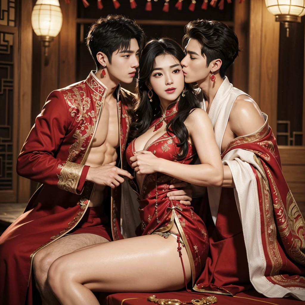 ( Safe at Work),Two handsome boys kiss, Smiling at each other,Embrace, kiss, Touching lips, Embrace, romantic,Physical contact, Realistic, Super handsome,manly, K-Pop Idols, Handsome Korean actors, 20-year-old,, Detailed face, manly jawline, Fine Messy Curly Hair Styling, topless, muscle, Big breasted athletic body, Full Frame,Full body shoots, Realistic, Human skin, Professional Studio Lighting, Long Red Tibetan Wedding Dress, Exquisite jewelry on the dress, Earrings,chinese ancient wedding background,Outdoor, Highly detailed background,Looking at the camera , Open your mouth, Thin underwear, Seduce , Bare Chest , big juicy ass,