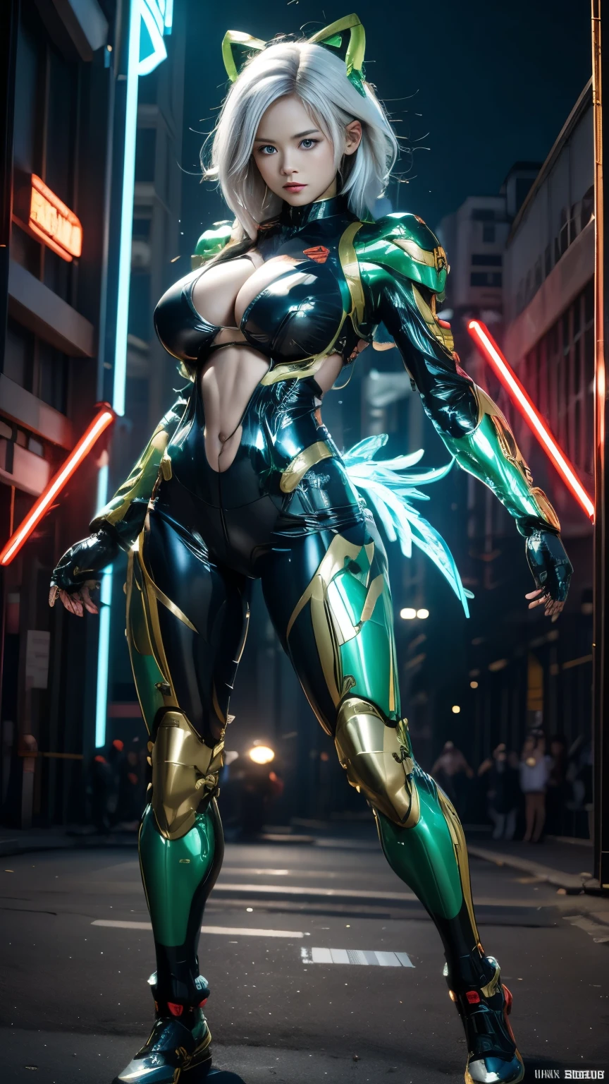 (very detailed:1.5), (8K), Sci-fi futuristic mechanical girl with flashing neon lights., style (Cyberpunk Personality:1.3), Wear an elegant combat uniform,vivid details, sexy pose, (Bold typography:1.2), dynamic composition, bright colors, (アキラstyle:1.1), (Inspired by Hajime Sorayama:1.2), Full body Esbian,blue,red、green,neon details, fight position, Mechanical Bodysuit, Futuristic and detailed BMW bikes,, Girl born in junior high school, (((huge breasts:1.2)))、short hair,perfect limbs, perfect anatomy,white hair ,blue eyes ,front view,long hair