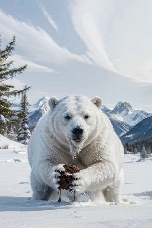 A humanoid polar white bear is hunting its food . In the scenario there are immense frozen mountains. The soil and frozen environment, snow covered, icy storm
