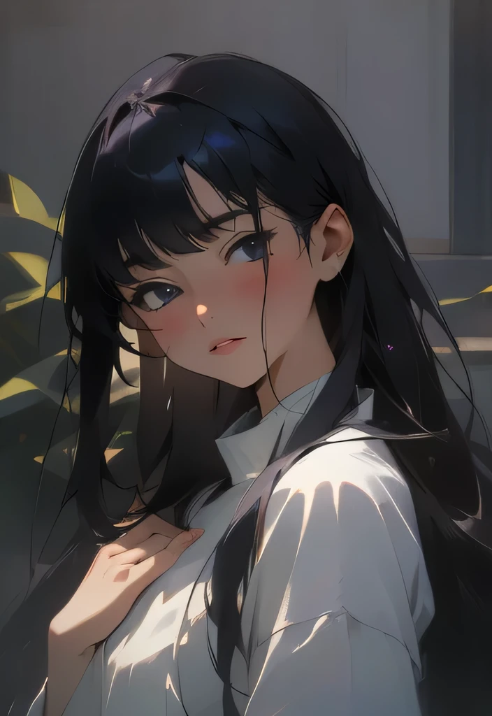 ((masterpiece)), (best quality), (absurdres), (photorealistic:1.4), black hair, yamamura_sadako,  dress, (fair skin), bangs, purple eyes, beautiful, warm lighting 