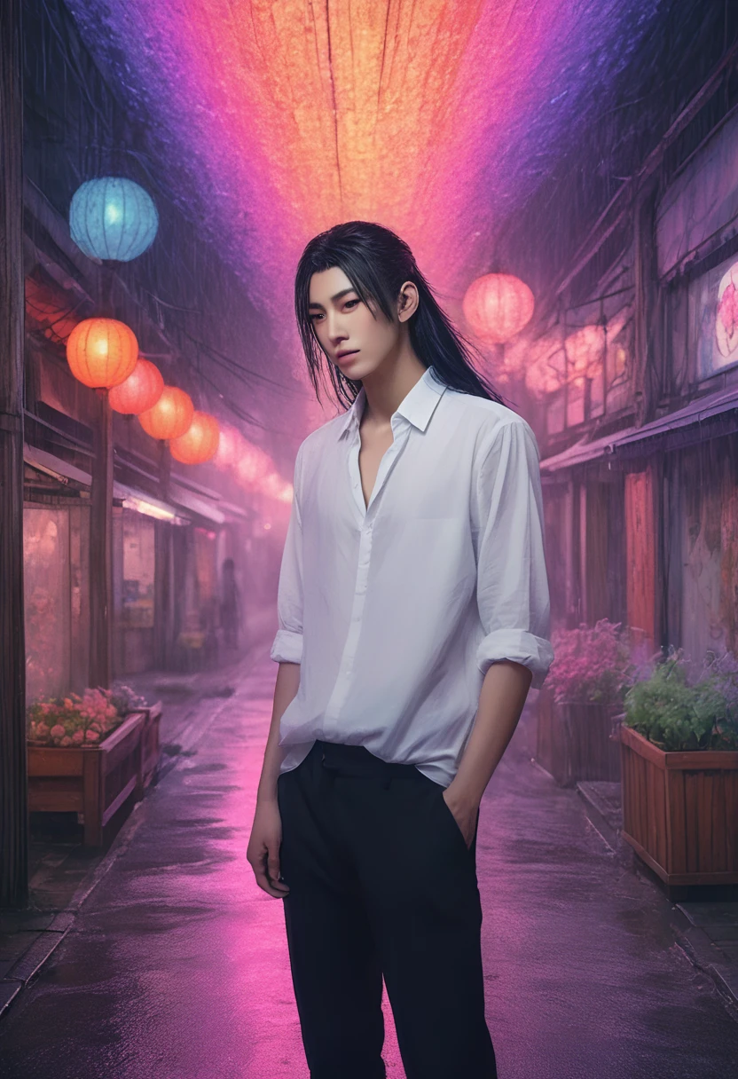 An ethereal sultryseductivedemonic 20 year old anime male druid with metallic long hair and tattoos, delicate masterpiece intimate glowing neon tattoos, anime druid demon male hellscape at night, manga inspired by Masashi Wakui, rainbow color palette, atmospheric fog, decay, worn textures, rain-soaked fantasy village, manga-style illustration --s 150 --ar 1:2 --c 5 Removed From Image