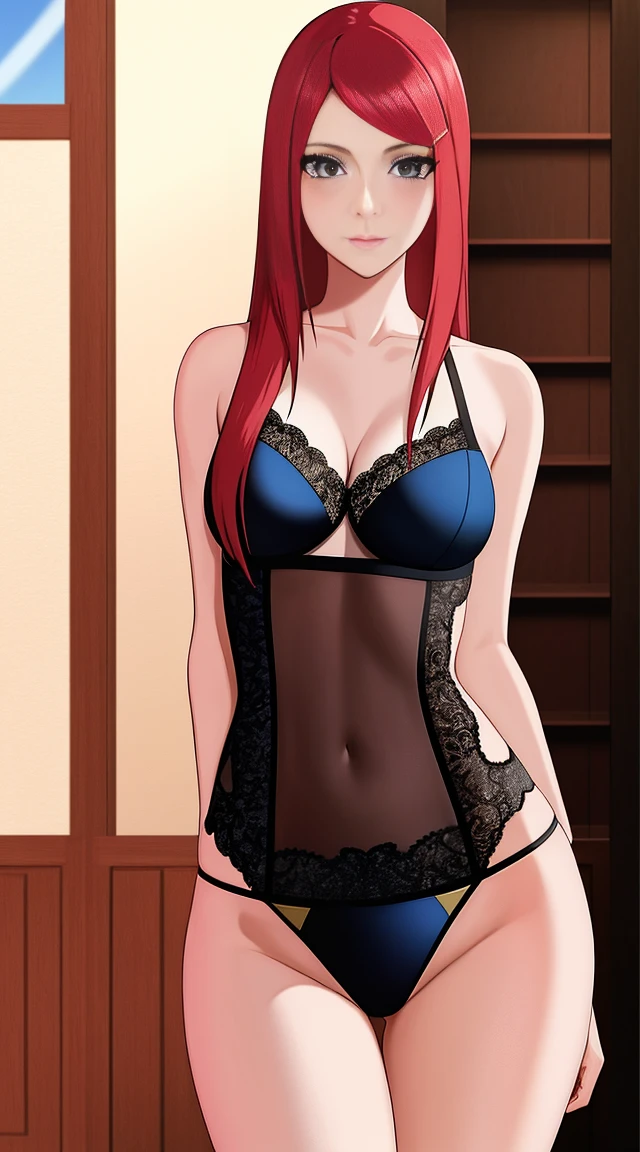 scrolling_kushina, (medium breasts：1.2), perm, standing alone, （Sexy lingerie）, work of art, best qualityer, face detailed, perfects eyes, high resolution,halfbody，Cowboy shots