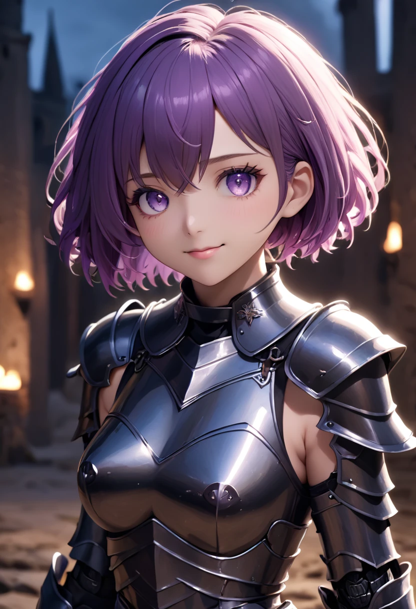 (masterpiece, top quality, best quality, beautiful and aesthetic:1.2), full body, SFW, extremely detailed, detailed face and eyes, cinematic light, depth of field, 1girl, seducing smile, solo, official, (full armored knight:1.4), dark armor, mash kyrielight, light purple hair, short hair, hair over one eye, slim body, cinematic lighting, dramatic lighting, dramatic atmosphere, hyper-realistic, high resolution, stunning contrast, high quality, best quality, 8k, 4k, intricately detailed, (amazing details:1.2), highly detailed skin, powerful presence, vibrant colors, (detailed eyes:1.2), striking eyes, (detailed background), (warzone on background, night, ruins), (dynamic angle:1.2), (dynamic pose:1.2)