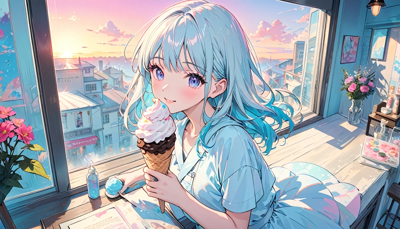 (masterpiece:1.5, best quality:1.5), ((VaporWave style, partially coloring)), close-up, from above, cinematic angle, (((vanilla))),
1girl, solo, cute smile, (hold a vanilla ice cream), gemstone decoration, long_hair, in ice cream shop, dolls were in a mess, decadent life,
pole outside the window, sunset outside the window, street outside the window, the sunset outside the window,