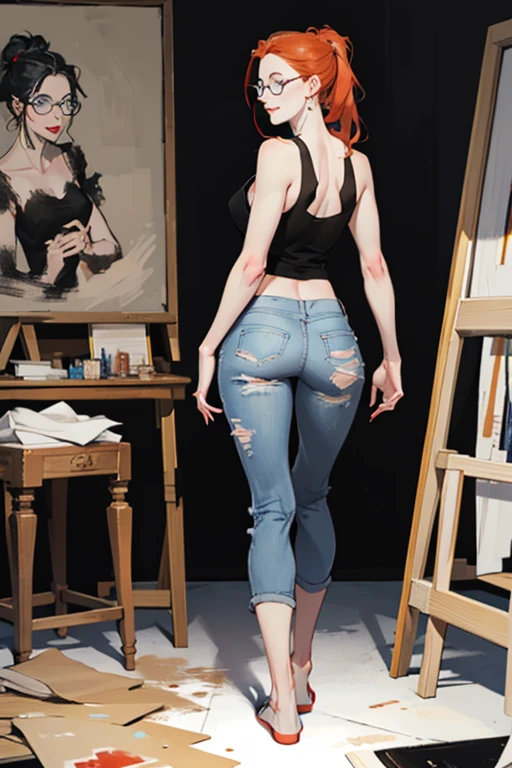 (back view),(full body:1.4),Tall, slender ((redhead)) woman of Irish descent. (pale:1.3)complexion. blue eyes, cute butt, nice legs. Kind eyes, cute smile. Eyeglasses, very light makeup, tank top, ripped jeans, bare feet, messy ponytail. Painting in art studio.