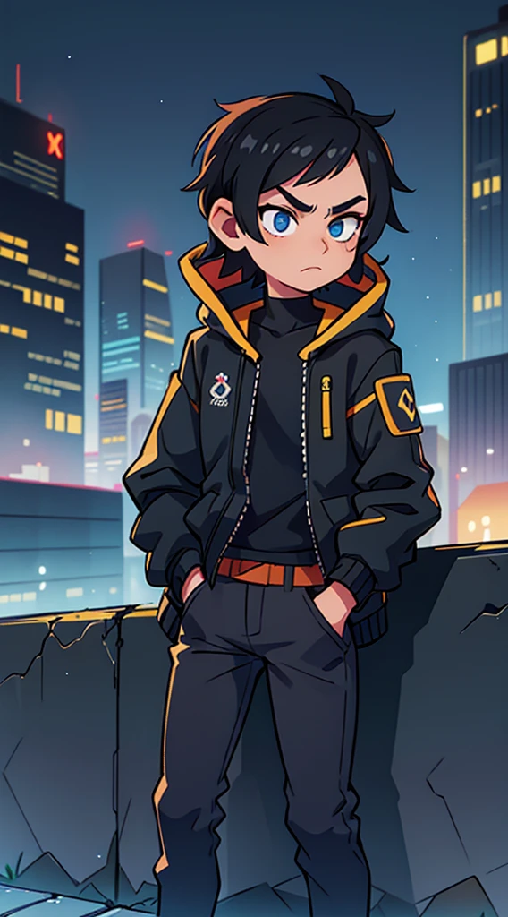 1 male black haired , black jacket, heterochromia, one eye blue, one eye yellow, sitting down , night time, in cyberpunk city, hands in pockets