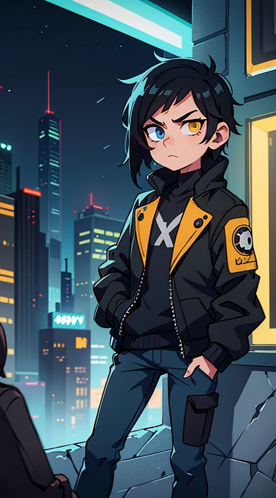 1 male black haired , black jacket, heterochromia, one eye blue, one eye yellow, sitting down , night time, in cyberpunk city, hands in pockets