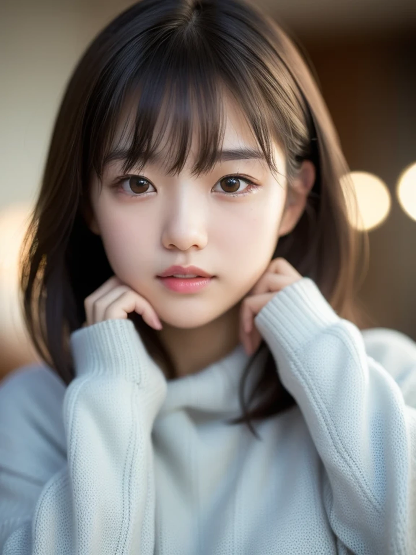 (Photo Real:1.4), (hyper realisitic:1.4), (Smooth lighting:1.05), 1 girl, sweater, (sad:1.4), Close-up of the face, Soft lighting, Back lighting, (cheerfulness:1.2), (Finest Real Textured Skins), Narrow-eyed, Super fine face, Gravure Idol Pose, glowy skin, retinas, Anatomically correct, acurate, Super Detail, Textured skin, High quality, high details, Best Quality, High resolution, bangs
