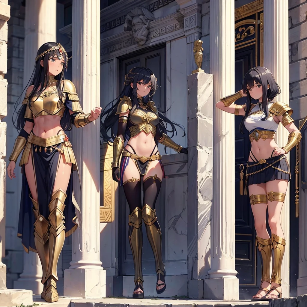 a beautiful Greek warriors girls standing guard at a door, Greek warrior, girls ,tanned skin, tail cover ,brown skin, ancient Greece, classical Greece, black armor ,slim body, defined abdomen , warrior woman, l ight armor, black hair,