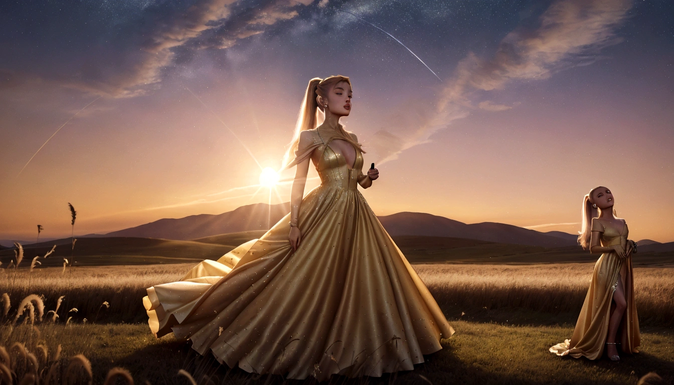 Ariana Grande in a long dress singing into a microphone in a field, blonde ponytail, foreground background, performing, flowing gown, wearing a dress made of stars, bathed in golden light, sunset