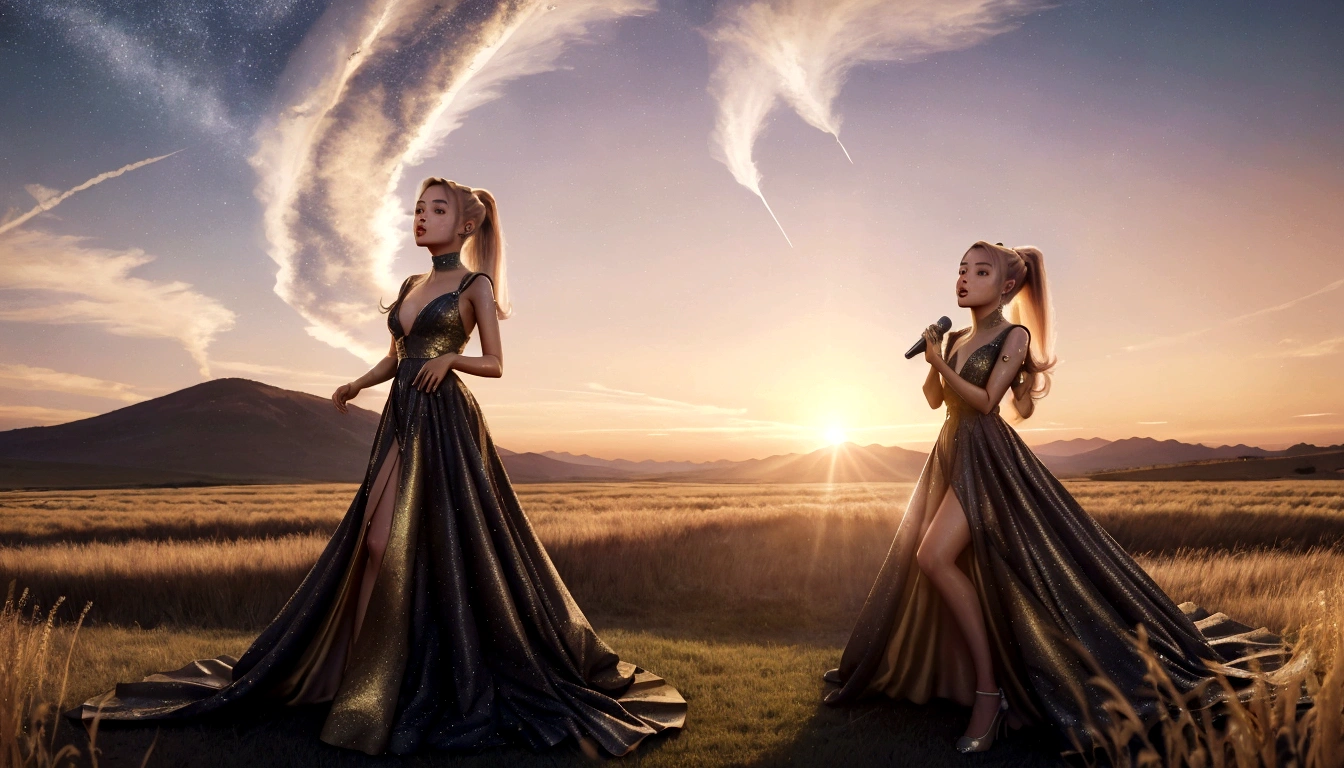 Ariana Grande in a long dress singing into a microphone in a field, blonde ponytail, foreground background, performing, flowing gown, wearing a dress made of stars, bathed in golden light, sunset