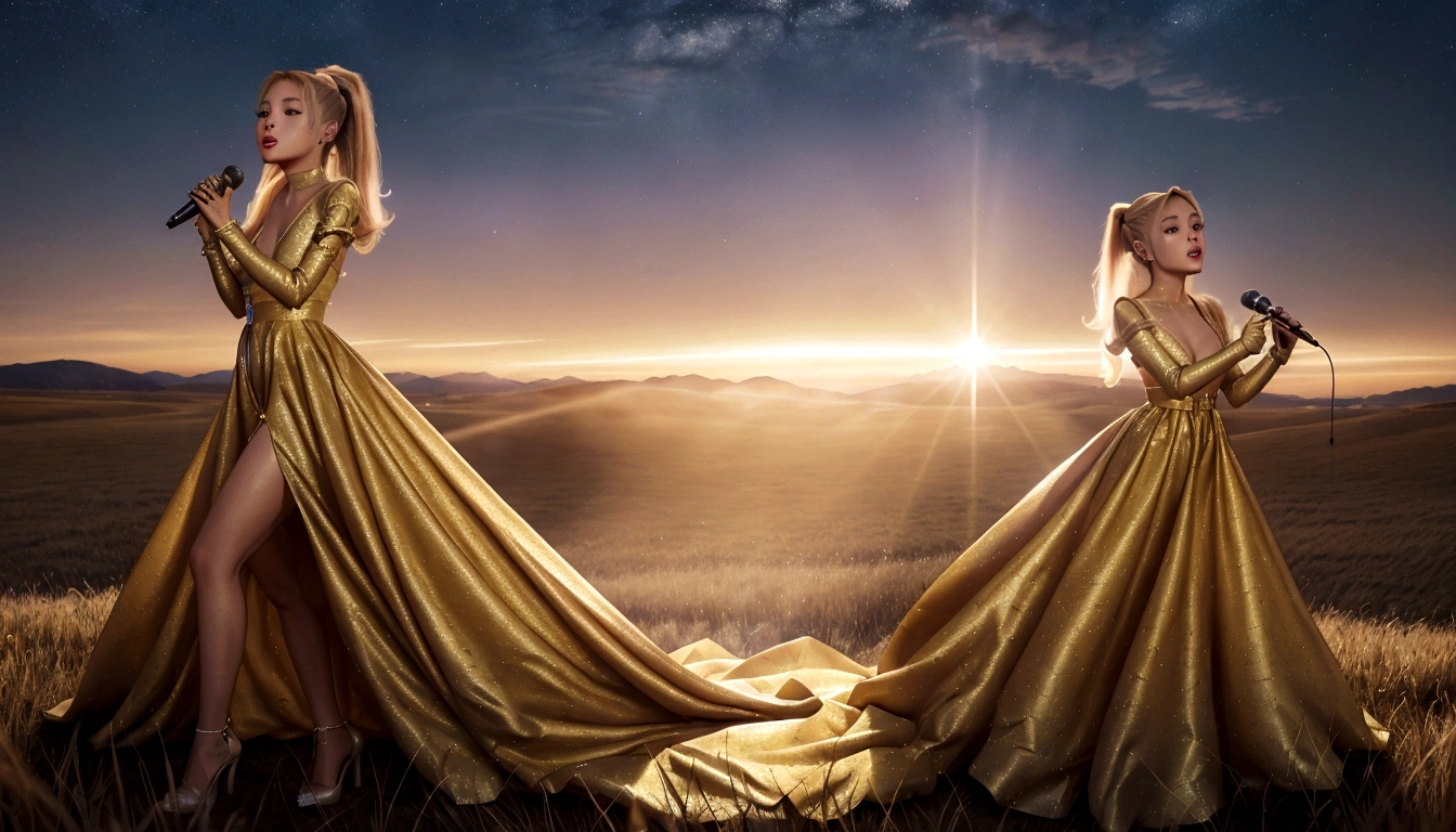 Ariana Grande in a long dress singing into a microphone in a field, blonde ponytail, foreground background, performing, flowing gown, wearing a dress made of stars, bathed in golden light, sunset