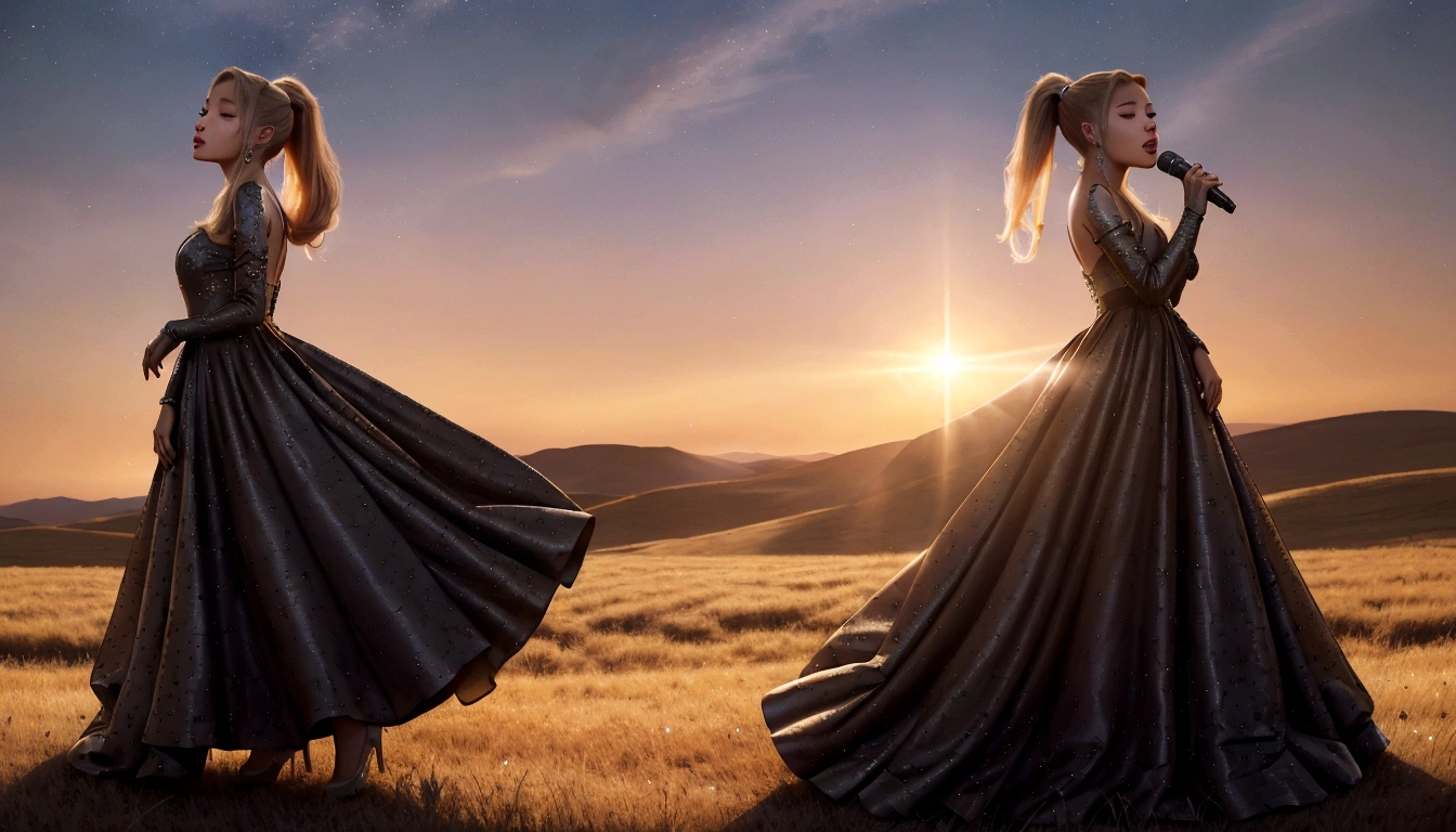 Ariana Grande in a long dress singing into a microphone in a field, blonde ponytail, foreground background, performing, flowing gown, wearing a dress made of stars, bathed in golden light, sunset