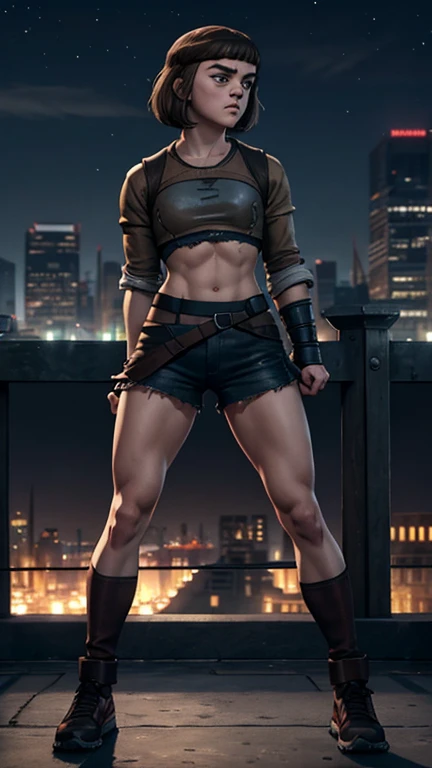 , Maisie Williams face, athletic physique, toned abs, small breast, round ass, brown hair, Maisie Williams as Arya Stark, torn ragged clothes, standing stance, night city in background