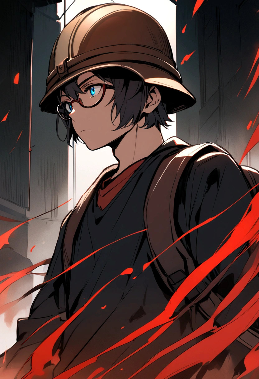 The boy wore a brown helmet with red rim, blue eyes, black-rimmed glasses, a black tank top, a red long-sleeved shirt, and a black backpack.