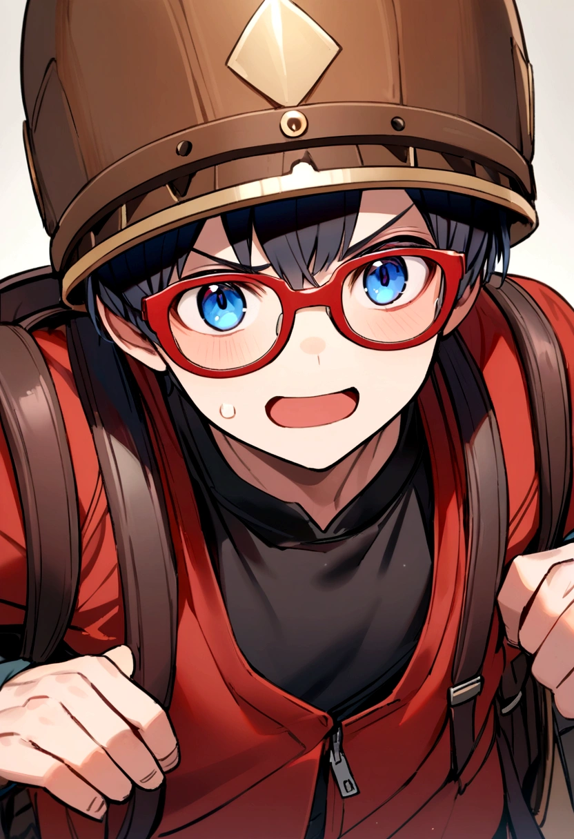 The boy wore a brown helmet with red rim, blue eyes, black-rimmed glasses, a black tank top, a red long-sleeved shirt, and a black backpack.