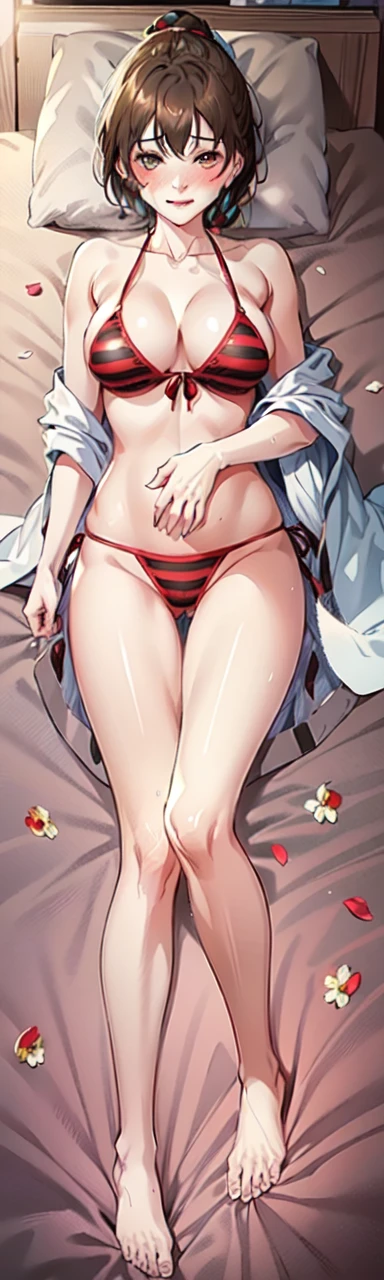 1girl, solo, breasts, looking at viewer, blush, smile, bangs, black hair, single braid, black dress, bare shoulders, big breasts, closed mouth, collarbone, full body, flower, lying, open clothes, striped, indoors, on back, off shoulder, feet, pillow, bare legs, bed, bed sheet, on bed, cleavage, hand on own stomach