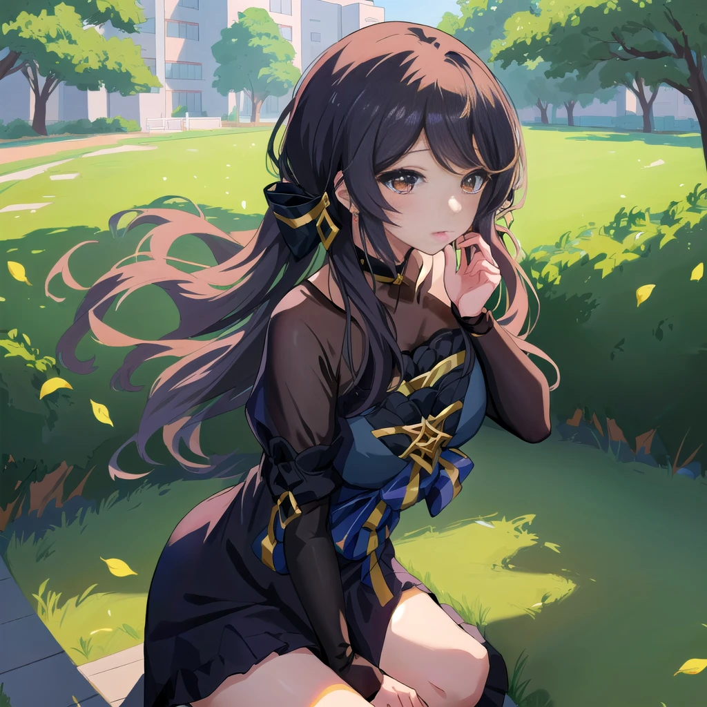 Anime Girl坐在公园的长椅上,There is a green lawn in the park, Cute girl anime visual, 年轻的Anime Girl, Smooth anime CG art, Beautiful anime portrait, 穿着黑色连衣裙的Anime Girl, 迷人的Anime Girl, Artwork in the style of Guweiz, 美丽的Anime Girl, Anime Girl, 可爱的Anime Girl, Beautiful anime high school