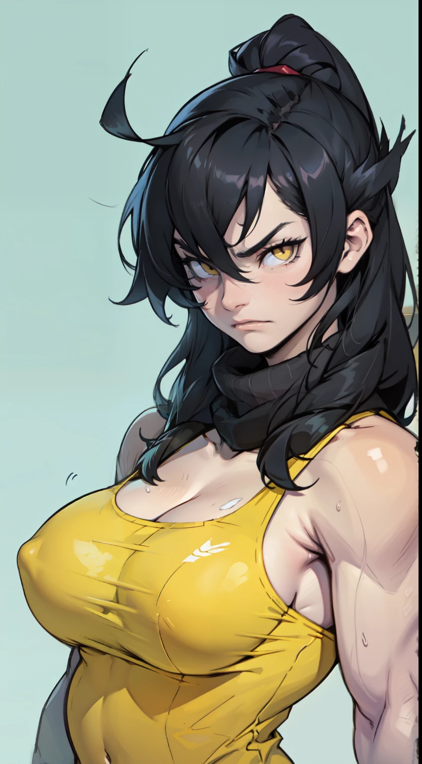 muscular yellow eyes pale skin girl sad frown big breasts black hair perfect quality expressionless