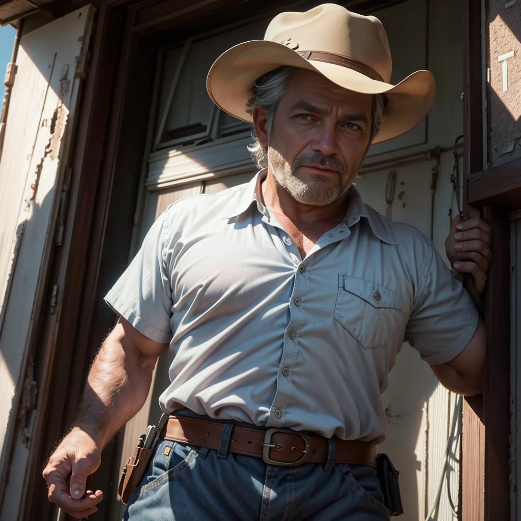 Close-up A dramatic and visually stunning realistic photo with vibrant colors, depicting a man, 40 years old, gray hair, very strong, blue eyes, looking att the camera, wearing a COUNTRY outfit with cowboy hat. The man poses with his hand on his waist looking at a scoreboard. The man's face is filled with intense determination as he checks the result of his performance. The illustration has a cinematic quality, with deep contrasts of light and shadow, and a sense of grandeur and wonder, painting, cinematic, illustration