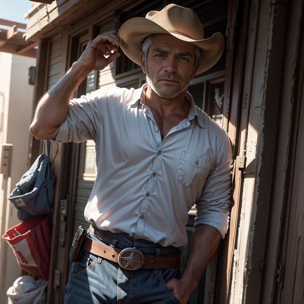 man, 40 years old, gray hair, very strong, blue eyes, looking att the camera, wearing a COUNTRY outfit with cowboy hat. The man poses with his hand on his waist looking at a scoreboard. The man's face is filled with intense determination as he checks the result of his performance. The illustration has a cinematic quality, with deep contrasts of light and shadow, and a sense of grandeur and wonder, painting, cinematic, illustration