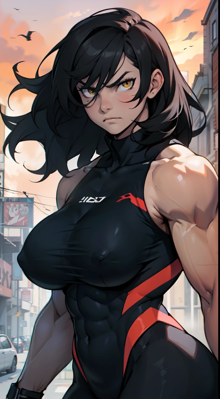 muscular yellow eyes pale skin girl sad frown big breasts black hair perfect quality expressionless