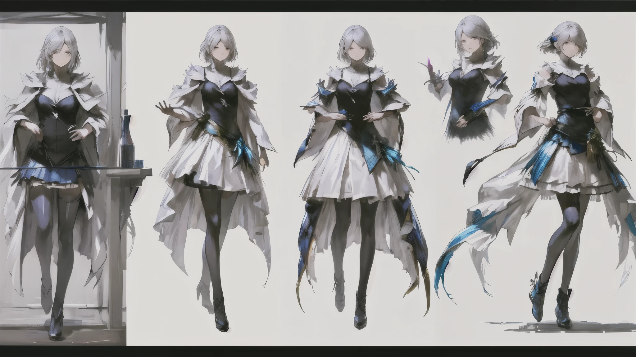 Concept Art, beautiful, masterpiece, best quality, Kazuya Takahashi, White background,  charturnerv2, The girl in the magic robe changes her role, Multiple views of the same character wearing the same outfit