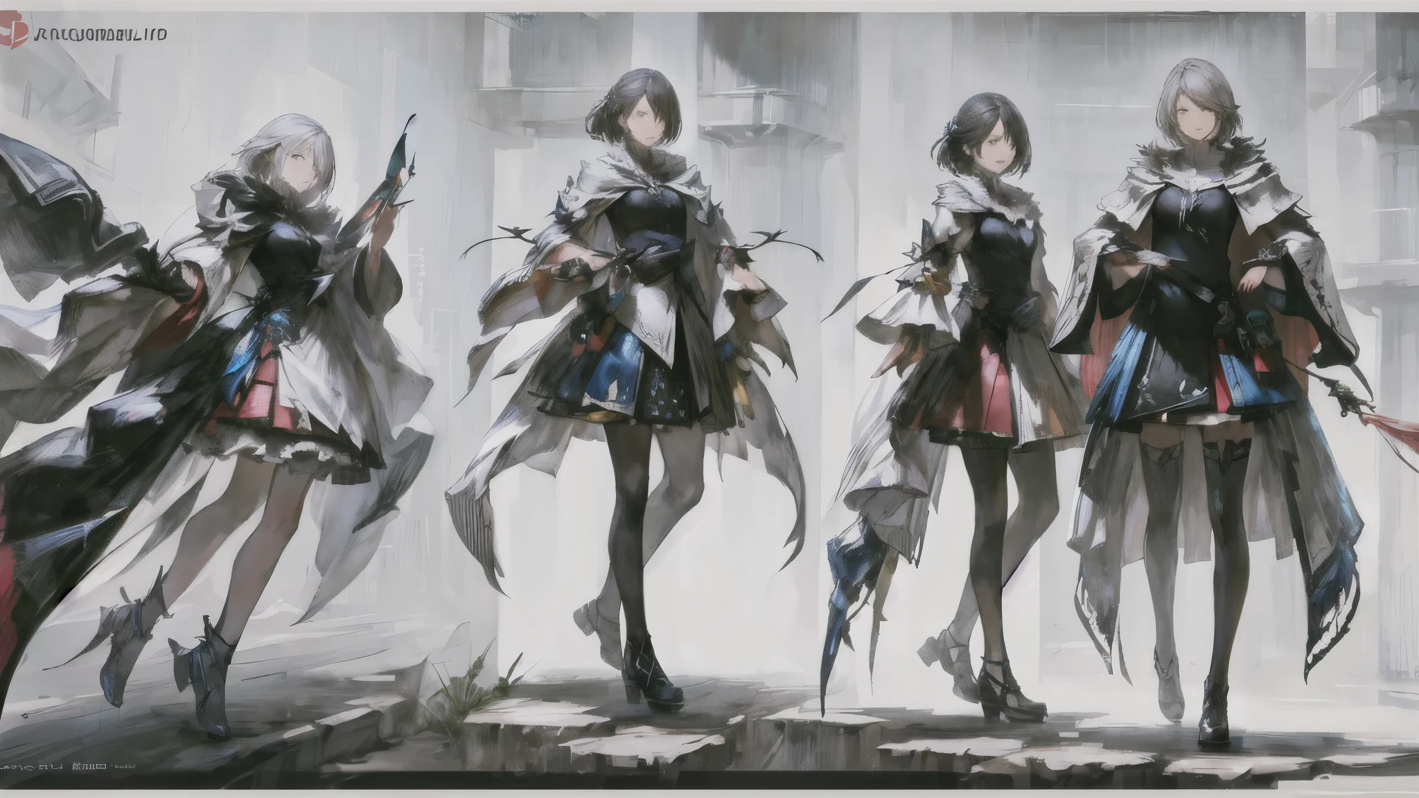 Concept Art, beautiful, masterpiece, best quality, Kazuya Takahashi, White background,  charturnerv2, The girl in the magic robe changes her role, Multiple views of the same character wearing the same outfit