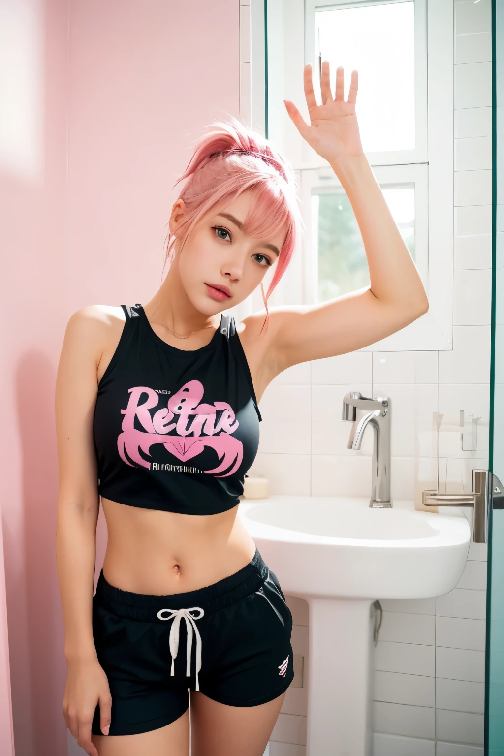 girl, pink hair, black top and shorts, in bathroom