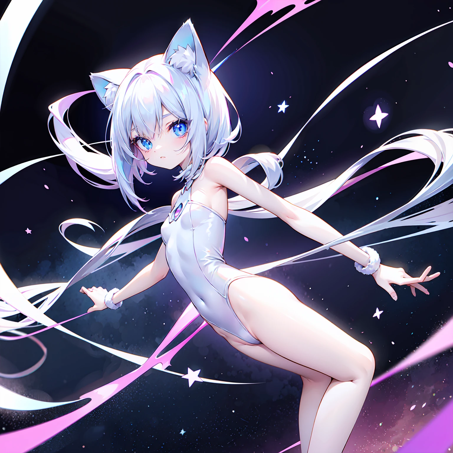 master part, best quality, alien girl, tall stature, long limbs, alien body, pale skin, anime star eyes, cat ears pointed downward, star hair, curious expression, 