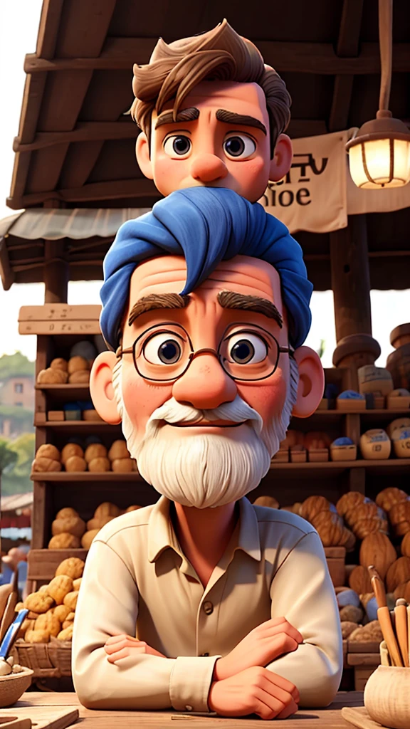 Generates an illustration of Plato sitting in a market talking to a seller