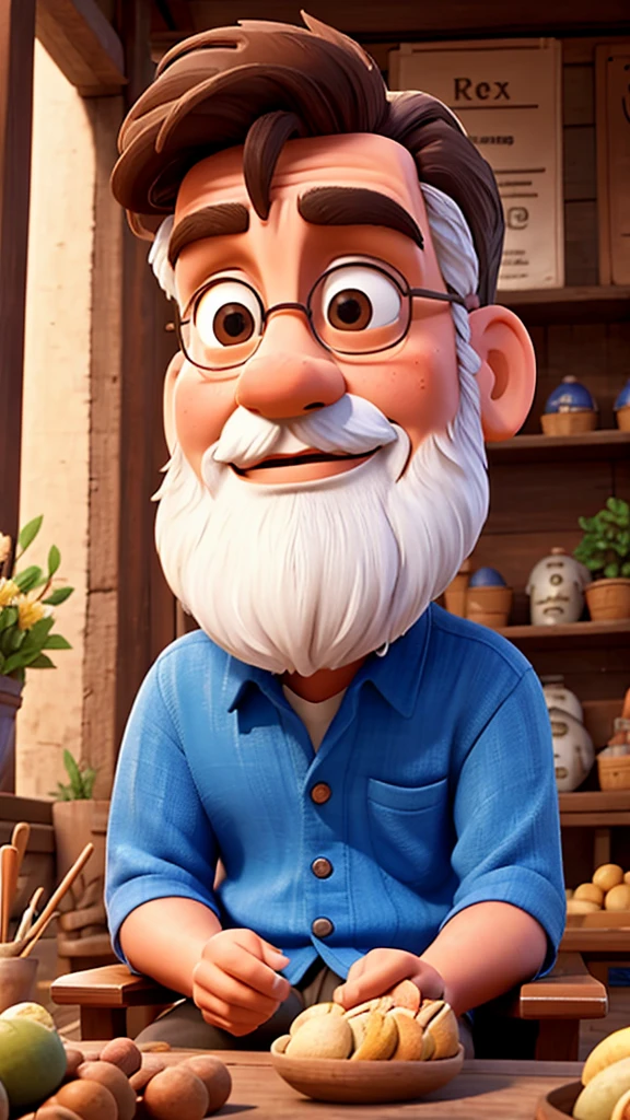 Generates an illustration of Plato sitting in a market talking to a seller