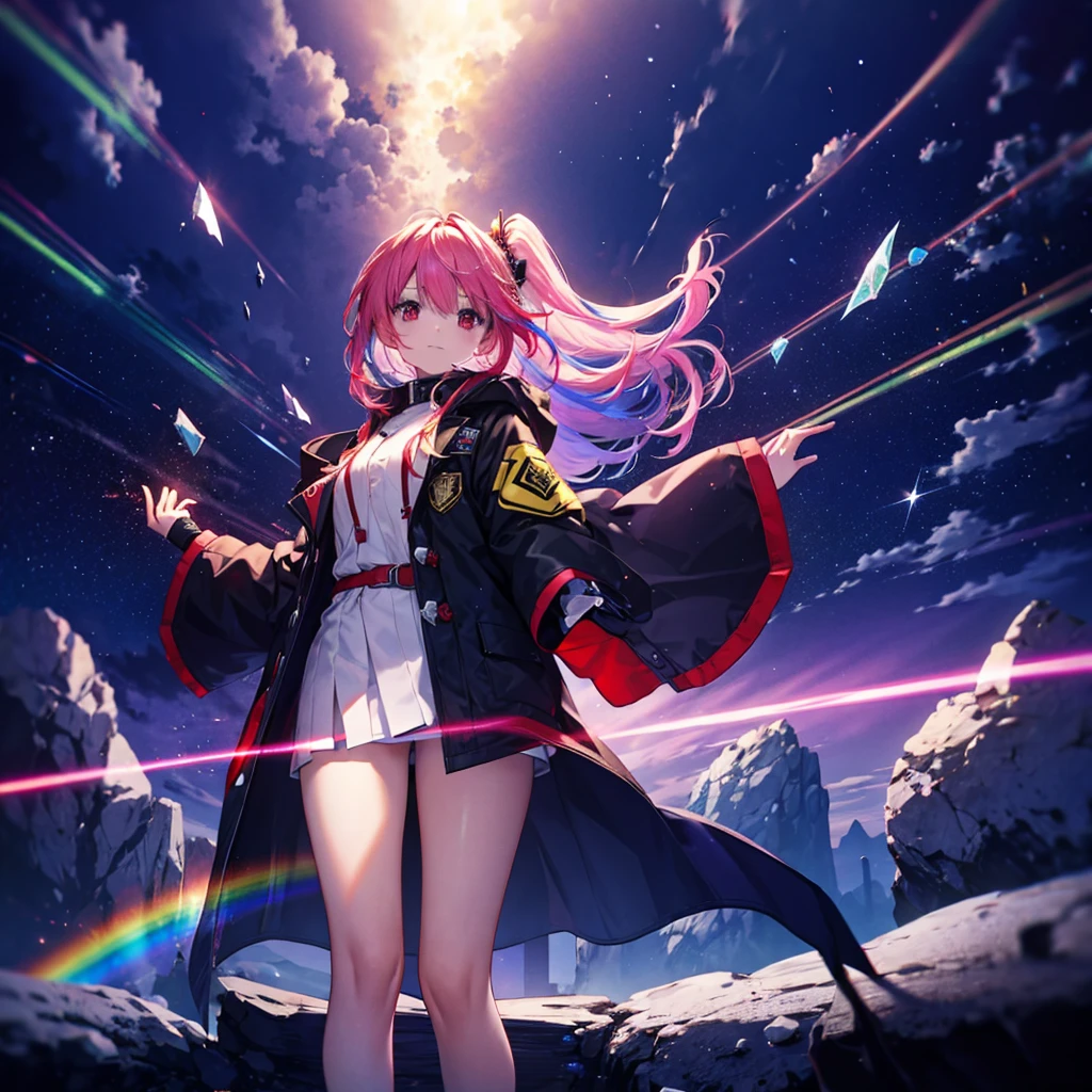(((Fantasy Rainbow Hair Make your hair rainbow-colored on the inside Long Hair Dull red eyes Beam sabre))) ((Has a galaxy uniform Put on a coat without putting your arms through it Lonely despair)) ((tears gloves)) (((Broken glass))) (Distorted Space-Time star) Catch the wind autumn Shining Background Particles of light, rainbow colored edges