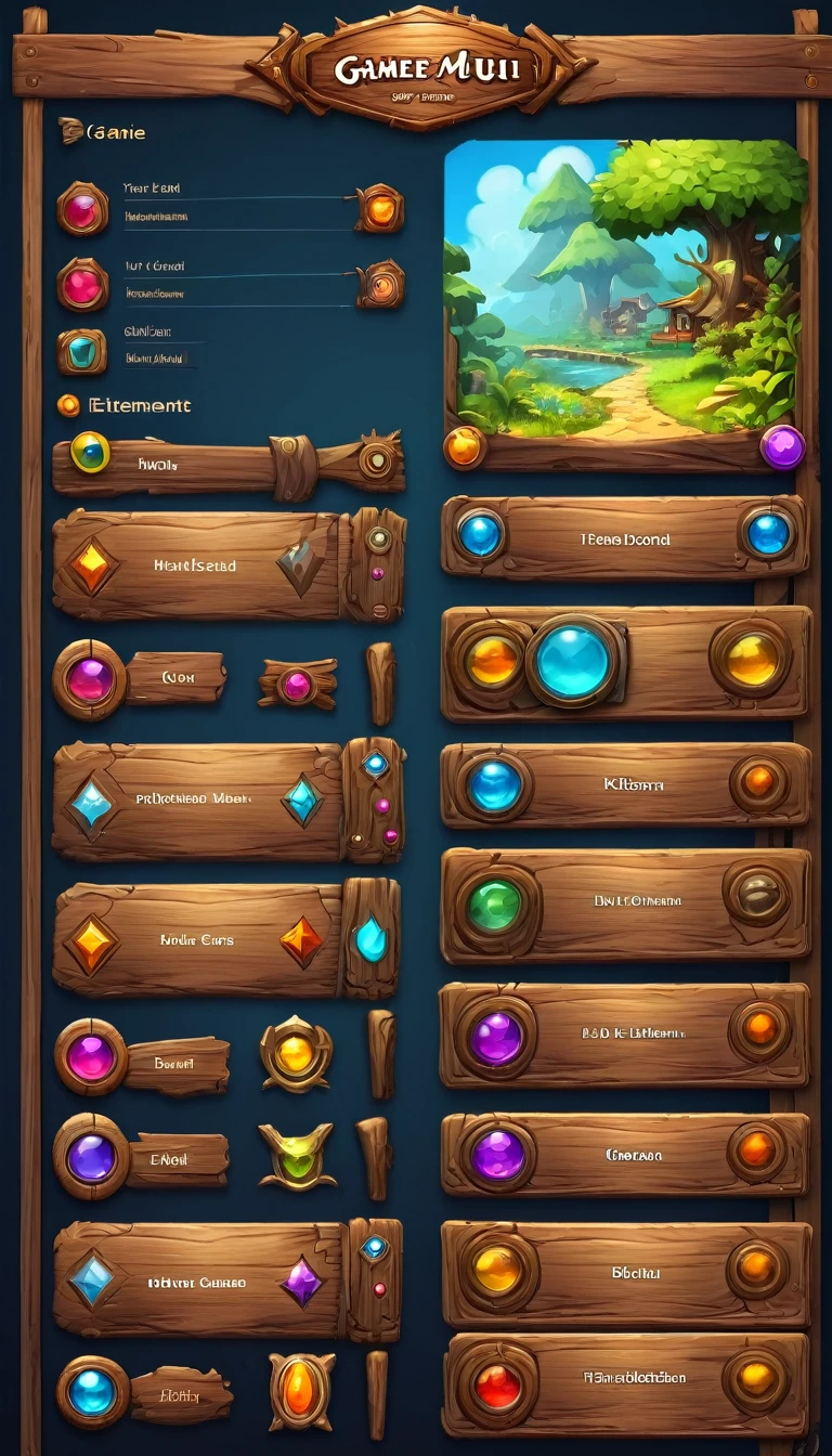 game Main Menu that Level selection is in the Middle and UI buttons are on the Top and Bottom,UI design,UI elements,(wooden UI elements: 2),wooden Game MainMenu,game main menu,wooden buttons and panels,pinterest,stylized,GUI design,64k,artstation hq,user interface design,game GUI,game menu,ultra detailed,game art,2d game art,Tyler Edlin,Hue Teo,julie bell