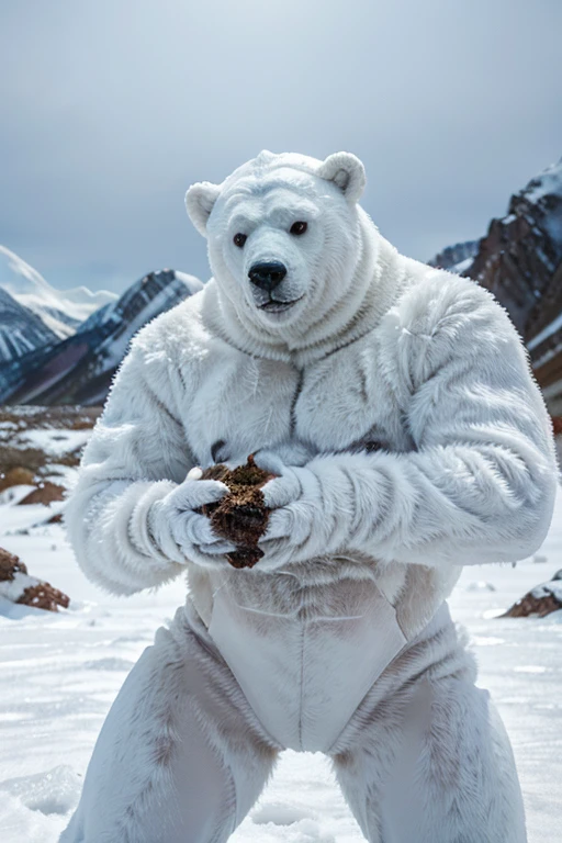 A humanoid hybrid polar white bear, humanoid alien bear is hunting its food . In the scenario there are immense frozen mountains. The soil and frozen environment, snow covered, icy storm