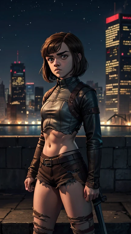 8k, Maisie Williams face, athletic physique, toned abs, small breast, round ass, brown hair, Maisie Williams as Arya Stark, torn ragged clothes, standing stance, night city in background