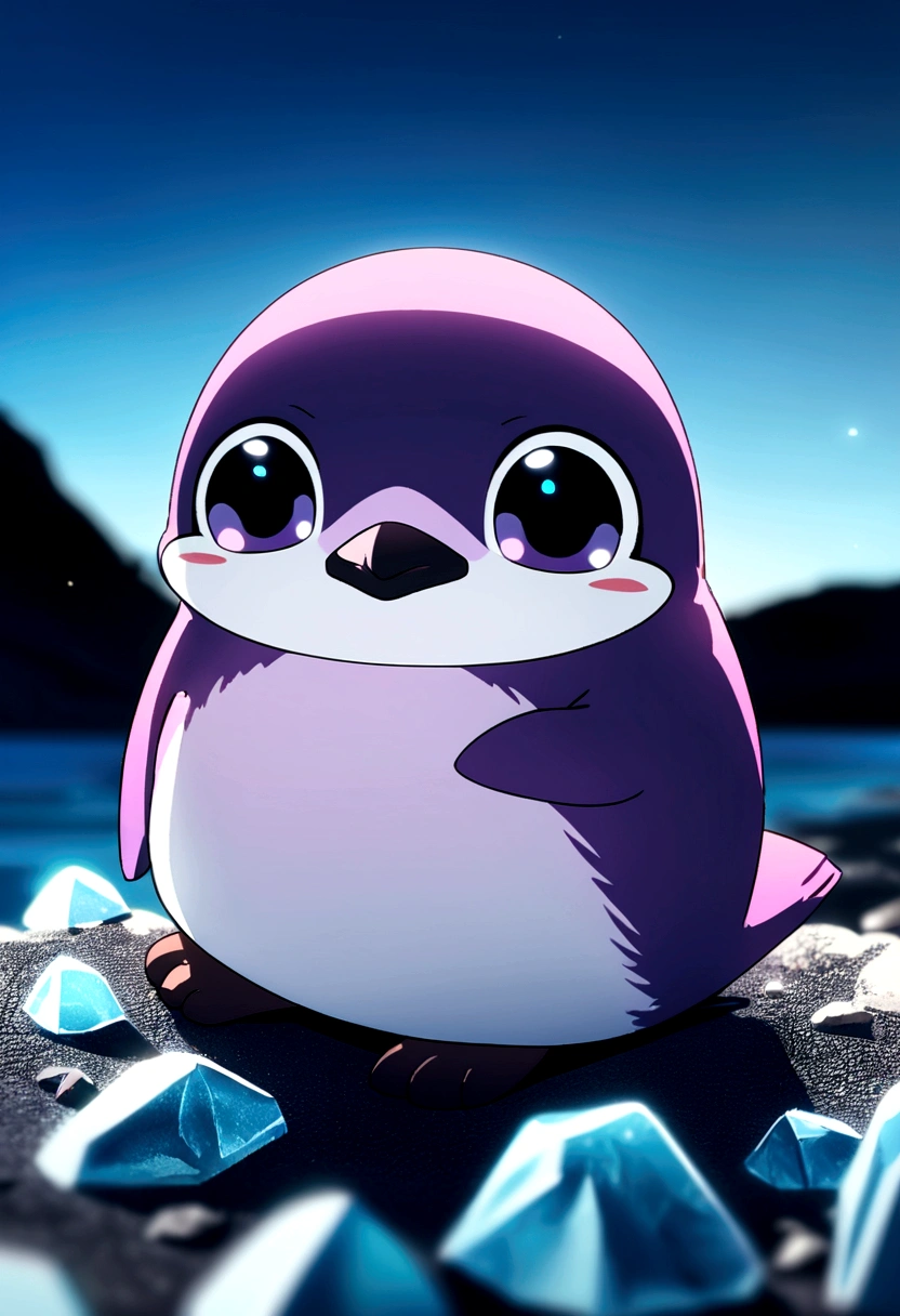 Small and cute animals, Small adorable animals, Detailed hairy, Stand on two legs, Purple Penguin, a bit, No humans, Furry, Face close-up, Ice Coast, blue sky, Soft lighting, Shallow depth of field, Digital Illustration, 8K, Deformed, Little, anime, animeスタイル,