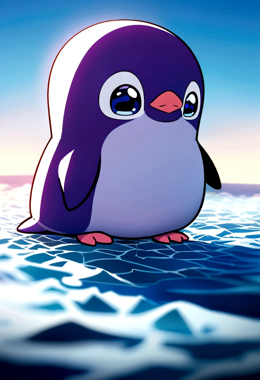 Small and cute animals, Small adorable animals, Detailed hairy, Stand on two legs, Purple Penguin, a bit, No humans, Furry, Face close-up, Ice Coast, blue sky, Soft lighting, Shallow depth of field, Digital Illustration, 8K, Deformed, Little, anime, animeスタイル,