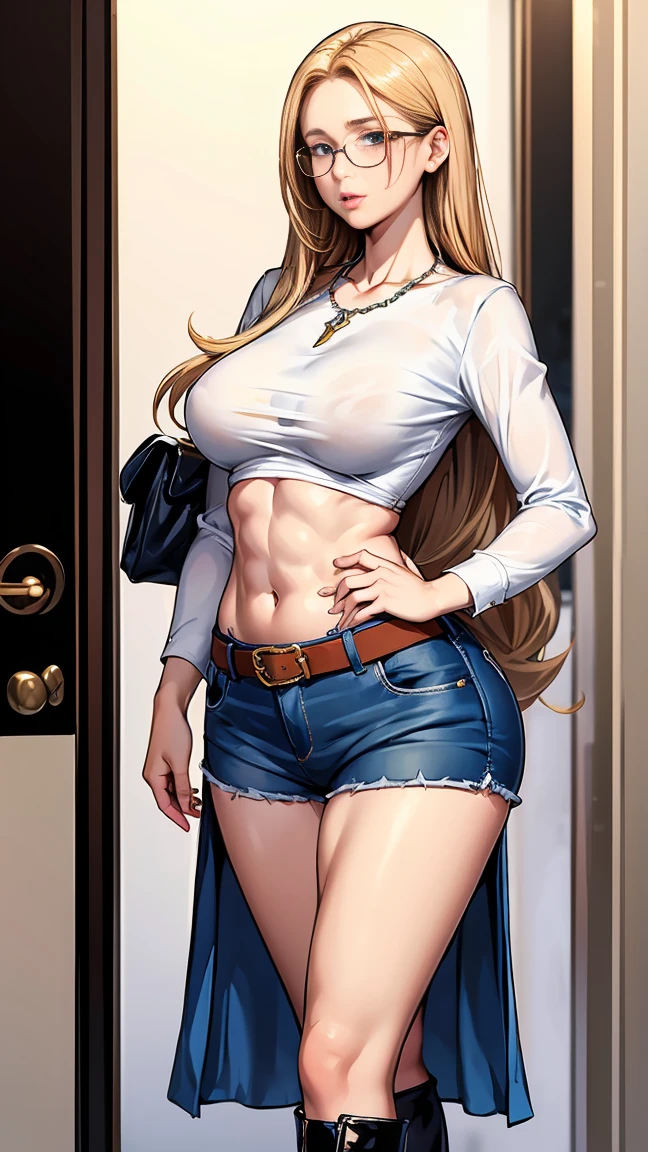 Beautiful girl with mid straight blond hair with blue eyes wearing Tight Jeans Shorts With Leather Belt, White Mid Sleeves Secretary Shirt, luxurious jewelry and luxurious necklace, rimless glasses, high heel boots, standing in her changing room at night, (caucasian skin), (light brown lipstick), (elegant mascara), (slim body with abs), (small breasts), (wide hips), midjourney, <lora:GoodHands-, <lora:GoodLegs-, UHD, high resolution, (masterpiece:1.9, best quality), (expressive eyes, perfect face, full body, expressive face, perfect body, perfect pussy, athletic, fit, slim body, blushing, Perfect makeup, eyeliner, beautiful eyelashes, smiling, horny face), ((best illumination, best shadows)), ((sexy pose))
