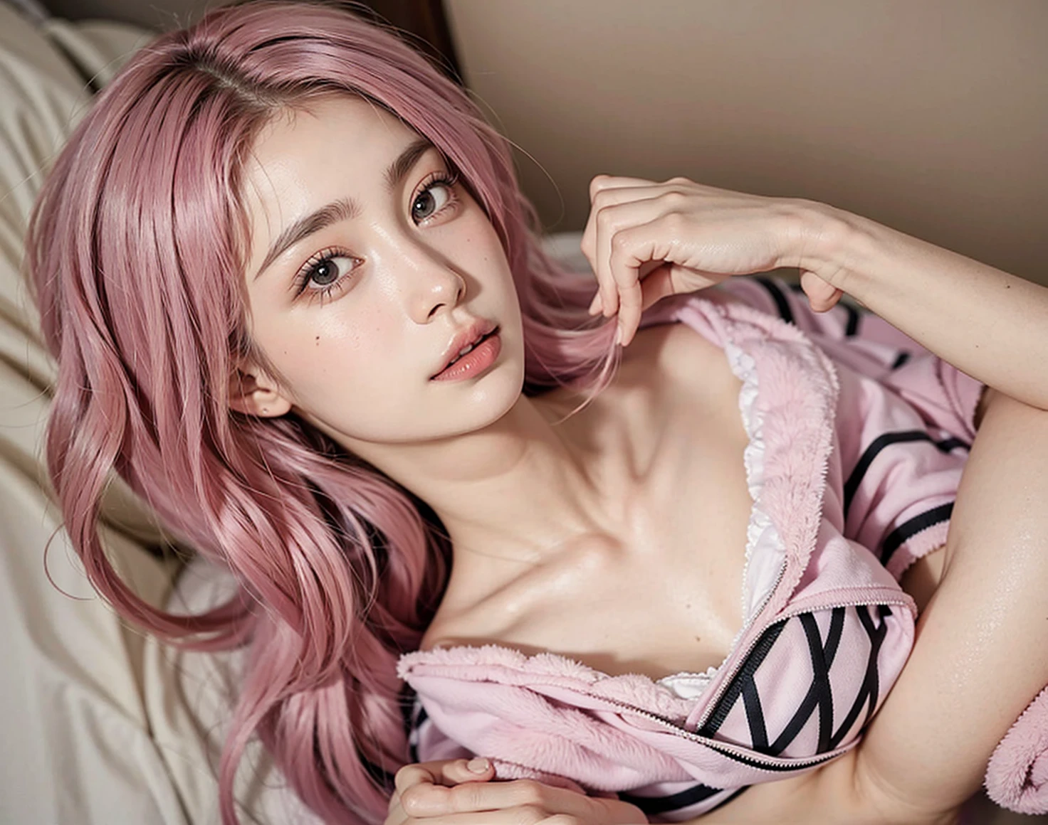 1girll,(Captivating quality:1.4),(True textured skins of the highest quality), Delicate face,Pink twin-tailed hair, Gradient Hair, (perfect bodies:1.1),Heart-shaped choker、long eyelasher,grin, hyperphotorealism, Cinematic lighting, projected inset, surrealism, hyper HD, masutepiece,Dream On,Please wear clear silk pajamas,Carmelto,tattooed,Fantasy space,Luxurious space