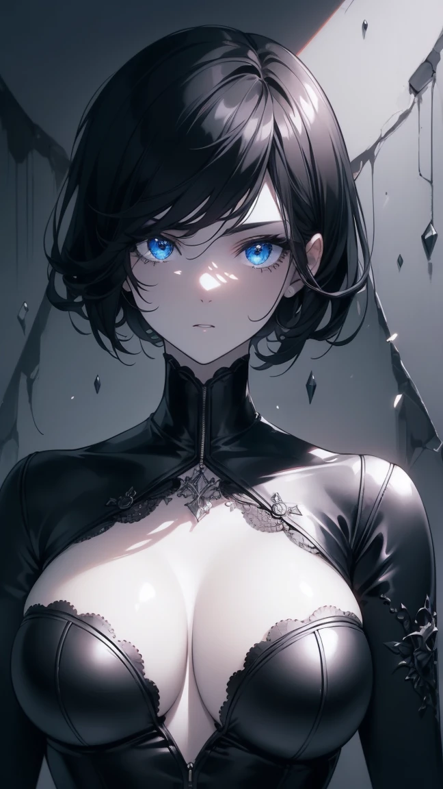(masterpiece),((Highly detailed black short hair)),((expressive blue eyes)),(Highly detailed black biker outfit),deep cleavage,serious expression,extremely beautiful mature woman, milf,pale white skin,best quality,cel shading,8K HD,highly detaild face, highly detaild eyes,flat color,(fullbody shot),high contrast,contrapposto,white background