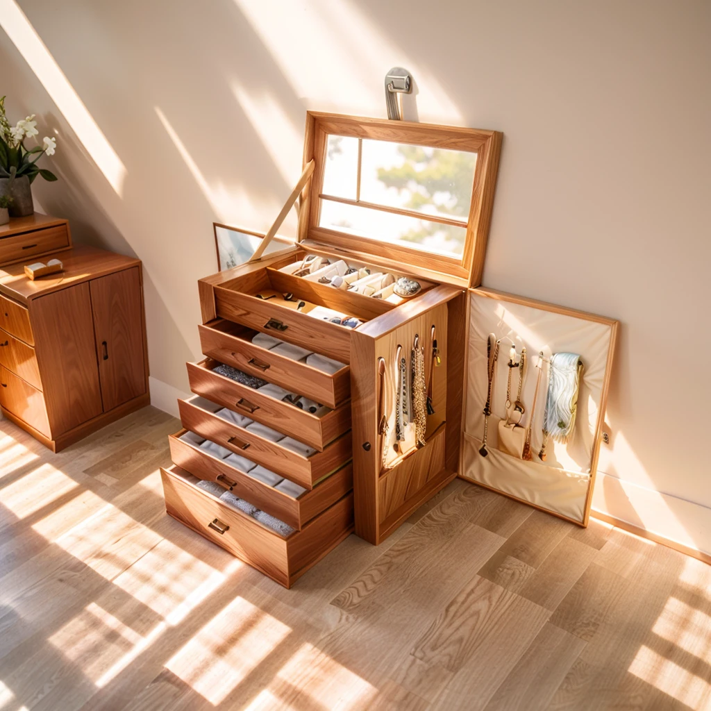 In this cozy room，A ray of sunlight shone through the half-drawn curtains on the table，Let the wood grain on the watch storage box shine with a faint luster。There was a calm and peaceful atmosphere in the air around them。There are several still lifes hanging on the walls of the room，It adds a touch of elegance to the space。And on the other side of the room，The half-open window lets in the breeze，The pages on the small desk by the window turned in the wind，This quiet scene gives a sense of tranquility and comfort。

