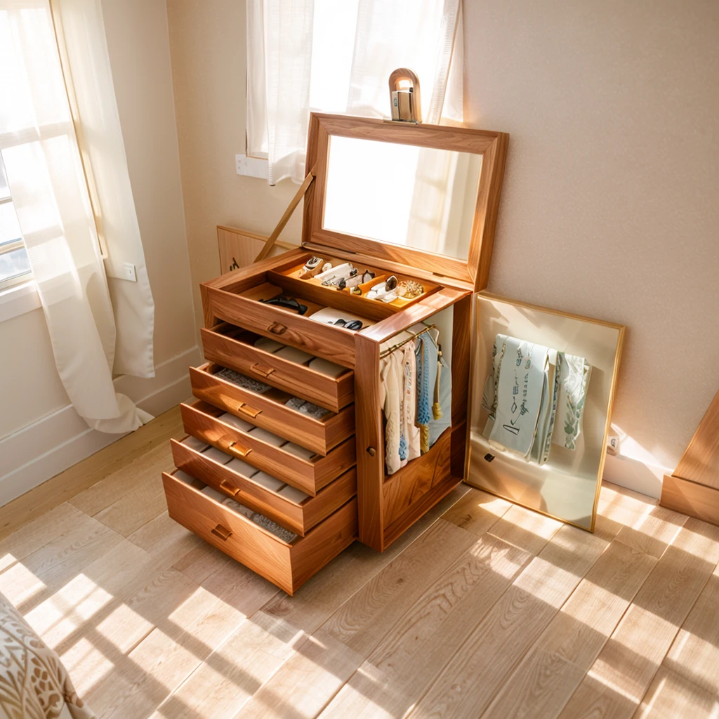 In this cozy room,A ray of sunlight shone through the half-drawn curtains on the table,Let the wood grain on the watch storage box shine with a faint luster。There was a calm and peaceful atmosphere in the air around them。There are several still lifes hanging on the walls of the room,It adds a touch of elegance to the space。And on the other side of the room,The half-open window lets in the breeze,The pages on the small desk by the window turned in the wind,This quiet scene gives a sense of tranquility and comfort。