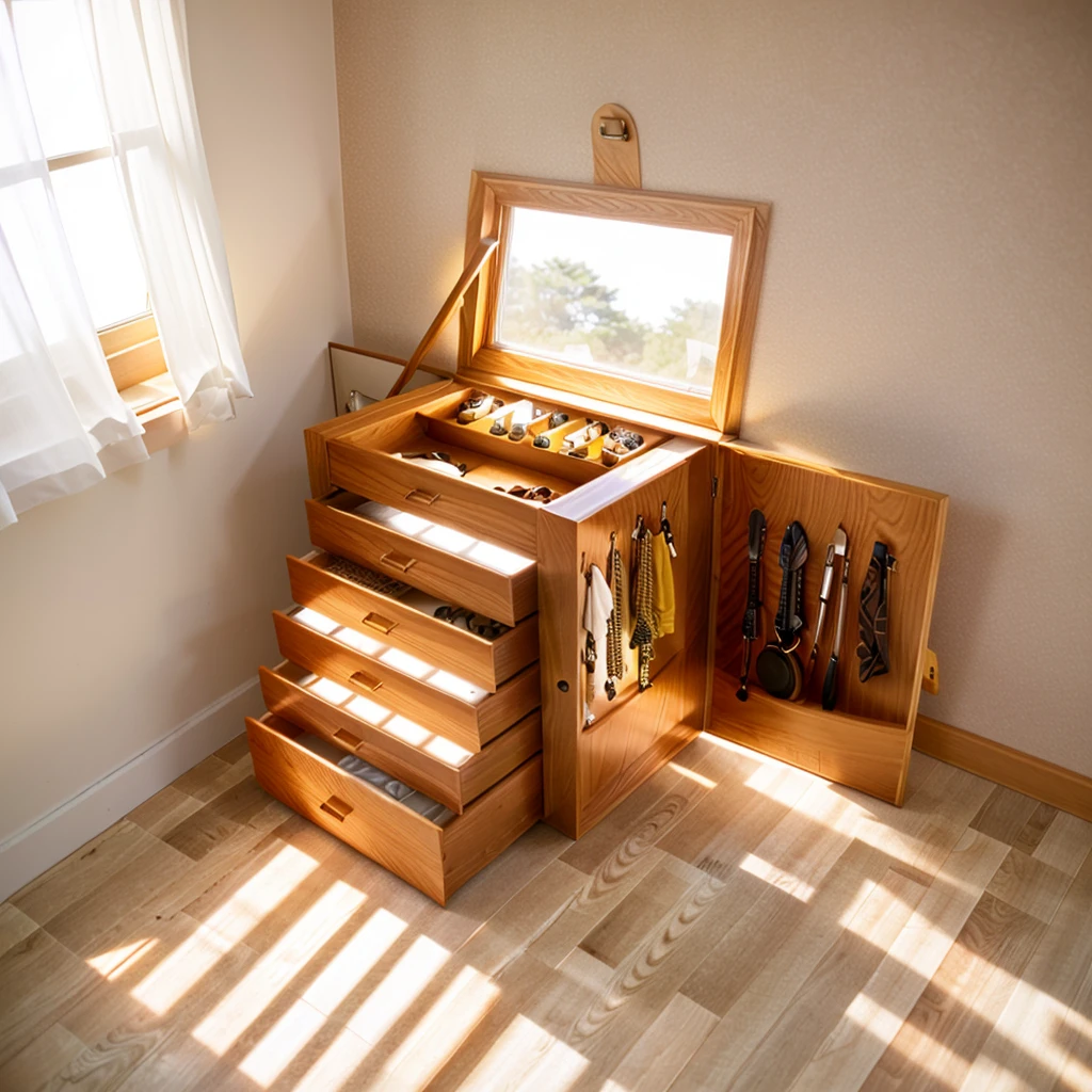 In this cozy room，A ray of sunlight shone through the half-drawn curtains on the table，Let the wood grain on the watch storage box shine with a faint luster。There was a calm and peaceful atmosphere in the air around them。There are several still lifes hanging on the walls of the room，It adds a touch of elegance to the space。And on the other side of the room，The half-open window lets in the breeze，The pages on the small desk by the window turned in the wind，This quiet scene gives a sense of tranquility and comfort。

