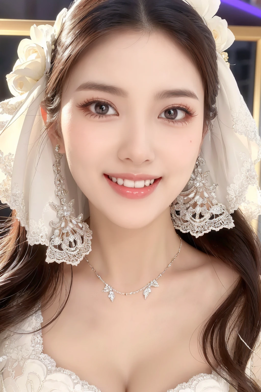 (Highest quality、Tabletop、8K、Best image quality、Award-winning works)、One beautiful bride、(alone:1.1)、(The most extravagant and gorgeous huge wedding dresses:1.1)、(Perfect Wedding Lace:1.2)、(The most extravagant and luxurious giant tiara:1.1)、(The most extravagant and luxurious giant necklace:1.1)、The most beautiful smile is looking at me、A wide selection of the finest jewellery、(Bridal upper body photo:1.1)、Perfect Makeup、Long eyelashes、Ultra HD Shining Eyes、Ultra HD Hair、Ultra-high resolution glossy lips、Ultra High Resolution Perfect Teeth、Super high resolution beautiful face、(Accurate anatomy:1.1)、(Very bright and beautiful skin:1.2)、(very bright and vivid:1.2)、(Blurred fresh natural background:1.1)